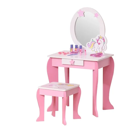 "2-set children's dressing table with stool, vanity table with drawer, mirror for 3-8 years, MDF acrylic, pink and white image"