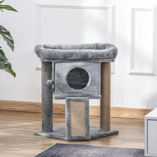 "Cat tree with jute scratching mat perch hanging ball scratching board cat furniture with door hole pet furniture MDF plush jute image"