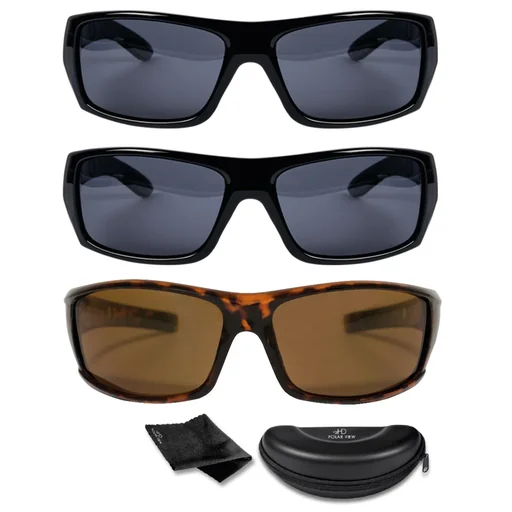 "Polarized sunglasses, set of 3, "HD Polar View", 2 x black + 1 x brown/horn-optic image"