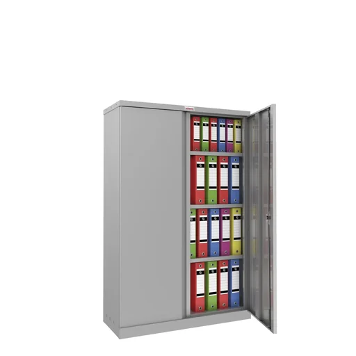 "SCL series steel storage cabinet with 2 doors and 3 shelves with key lock, grey image"