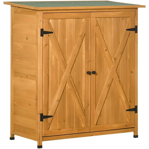 "Garden cabinet wooden tool cabinet with 2 doors tool shed with asphalt roof natural 110 x 55 x117 cm image"