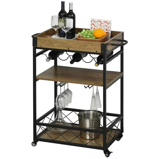 "Serving trolley on wheels, kitchen trolley with wine rack and glass holder, with brakes, metal, 77 x 44.5 x 91 cm image"