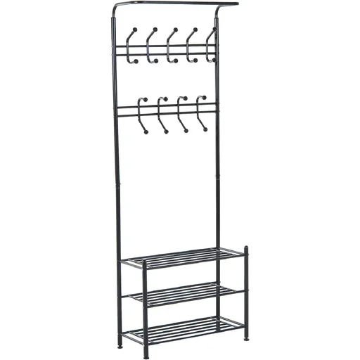 "Clothes rack 18 hooks with shoe rack metal black image"
