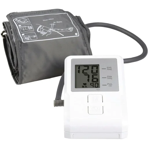 "Upper arm blood pressure monitor, white/grey image"