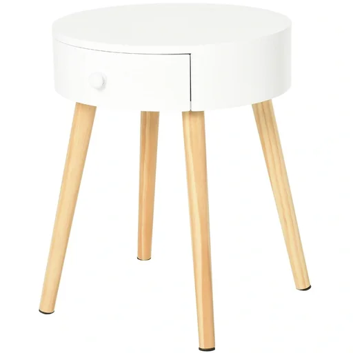 "Bedside table with drawer, bedroom nightstand with legs, round side table, Scandinavian design, solid wood image"