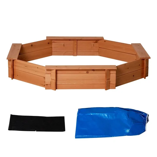 "Sandpit with cover, octagonal sandpit made of solid wood, bottomless design for children 3-8 years, 139.5 x 139.5 x 21.5 cm image"