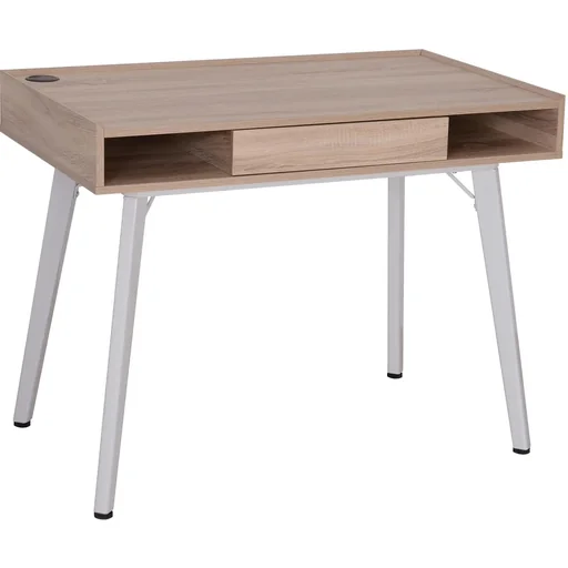 "Desk Computer Table PC Laptop Office Table with Cable Hole Wood + Metal Natural + White 100 x 60 x 77 cm image"