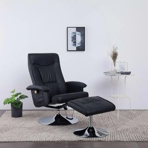 "Adjustable massage chair with footstool, black faux leather image"