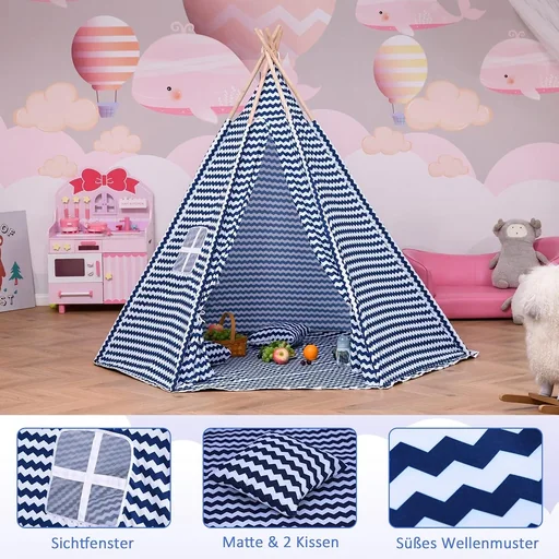 "Tipi children's tent with floor mat blue, white image"