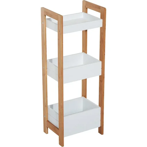 "Bathroom shelf, standing shelf, wooden shelf with 3 storage compartments, white image"