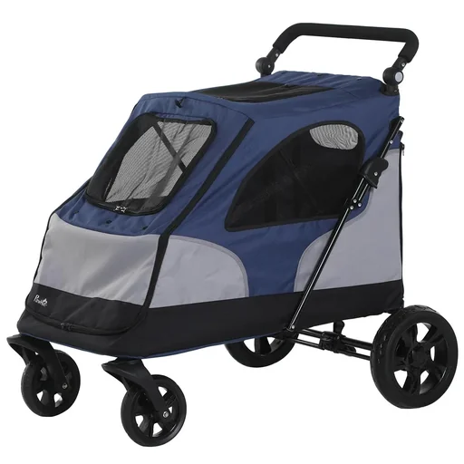 "Dog buggy with 4 wheels, pet buggy for medium-sized dogs, foldable, Oxford blue + gray, 104.5 x 68.5 x 110 cm image"