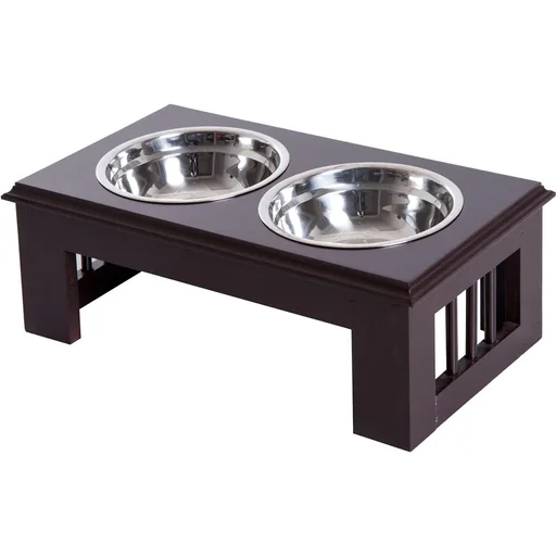 "Pawhut pet bowl riser including 2 stainless steel bowls, dark brown image"
