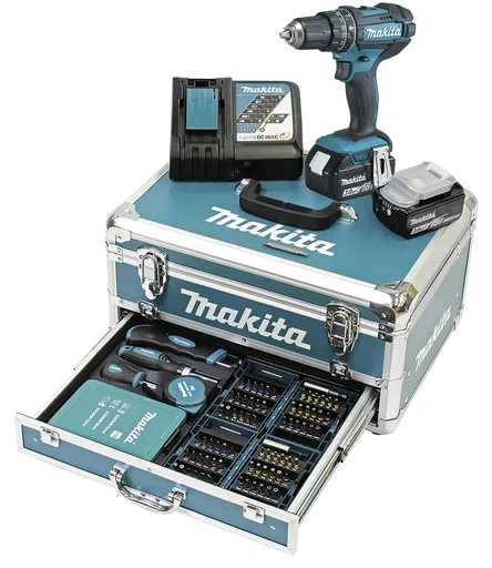 "Cordless impact drill 18V / 3.0 Ah, 2 batteries + charger in aluminum case + 96-piece accessory set DHP482RFX9 image"