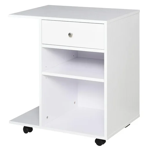 "Printer table, printer stand, office cart, rolling cart with drawer + 2 shelves + CPU stand, chipboard, white, 60 x 40 x 68.5 image"