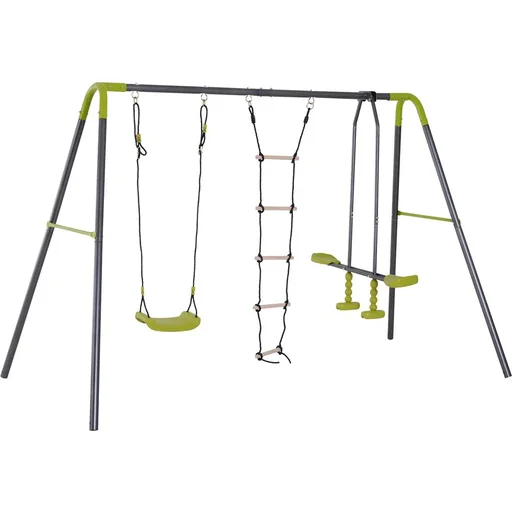 "Children's garden swing with seesaw and rope ladder black/light green image"
