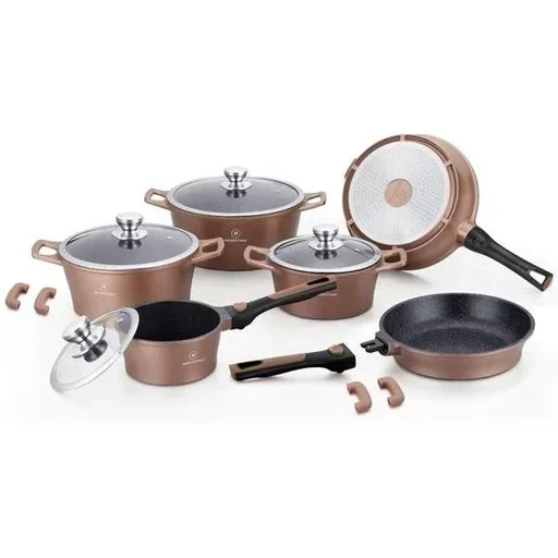 "Herenthal 14-piece cookware set - with glass lids - stainless steel - marble coating - brown image"