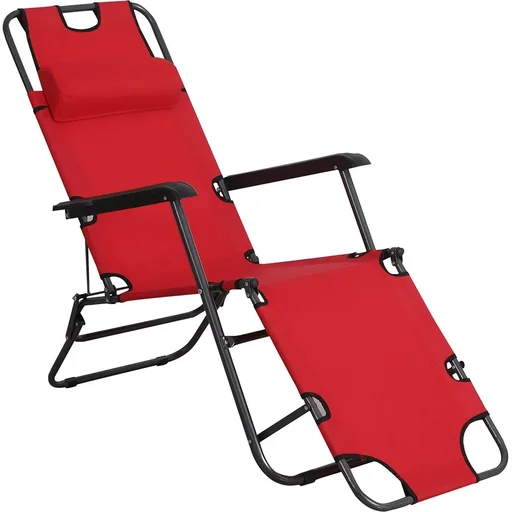 "Sun lounger with cushion, foldable beach lounger, 2-stage garden lounger, 2-in-1 relaxation lounger, metal + Oxford fabric, red 135 image"