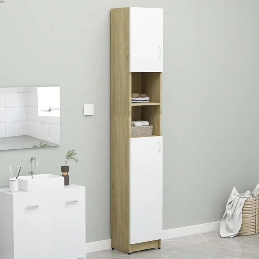 "Bathroom cabinet 32x25.5x190 cm chipboard white Sonoma oak image"