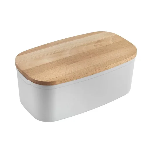 "Bready bread bin with 2-in-1 reversible lid made of beechwood image"