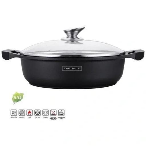 "Marble Coating Wide Casserole Dish - Black - With Glass Lid - 28 cm image"