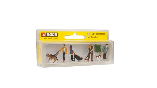 "People with dogs, 4 figures with dog, 1 trash can image"