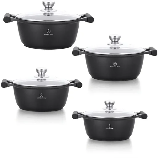 "Herenthal 4-piece cookware set - Sauté pan - 24cm, 26cm, 28cm, 30cm - Marble coating - with glass lid image"