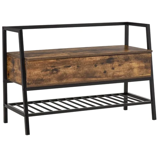 "Shoe bench seat chest with 2 shelves entrance area large storage space chipboard metal rustic brown+black 9 image"