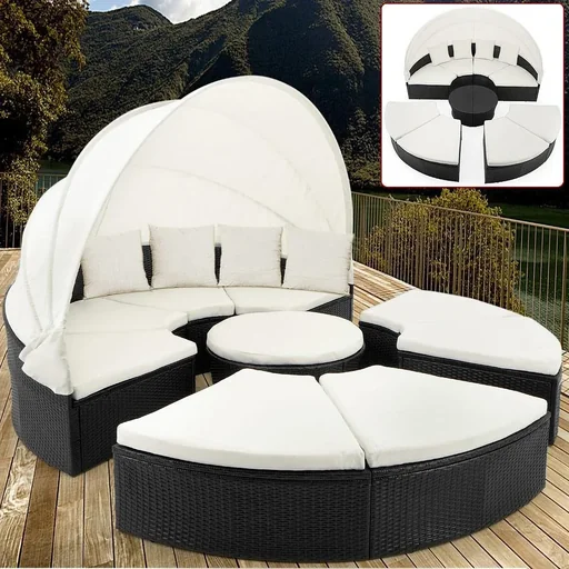 "Polyrattan sun island Ø230cm with 9 seat cushions and 4 head cushions image"