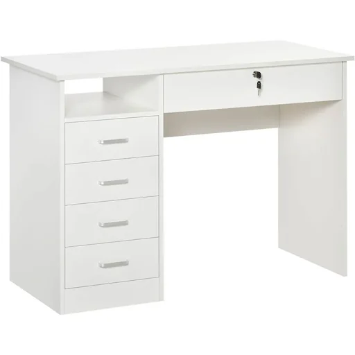 "Computer desk with 5 drawers and shelf, office desk with lock, large work surface, white, 110 x 50 x 76 cm image"
