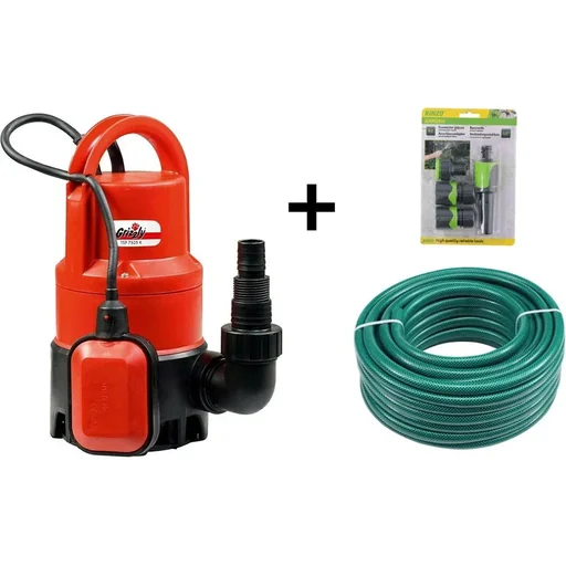 "Submersible dirty water pump set including 10 meter garden hose and garden sprinkler with connections image"