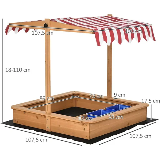 "Sandpit wooden bottomless design for children 3-7 years with lid and roof 107.5 x 107.5 x 110 cm image"