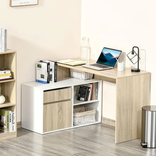 "Corner desk, computer desk, office desk, angled desk, shelf, L-shaped chipboard, white + oak, 120 x 92 x 75.5 cm image"