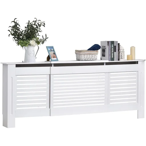 "Adjustable radiator cover, white image"