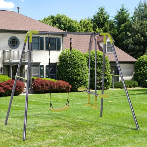 "Children's swing double swing garden swing swing set with metal frame seesaw 3 10 years up to 3 children image"