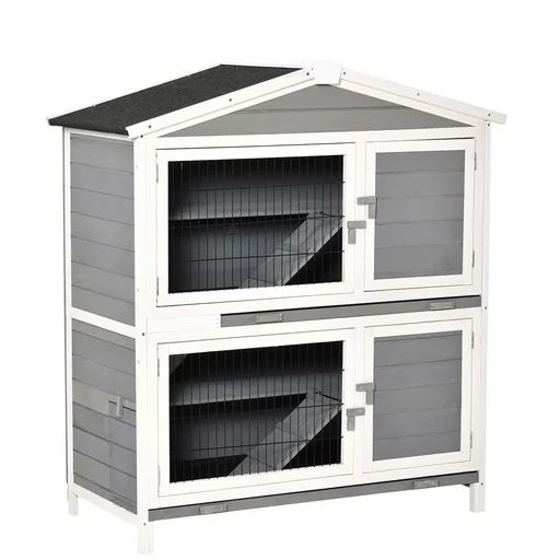 "Rabbit hutch double-decker rabbit hutch with ramp solid wood light grey 147 x 45.5 x 88.5 cm image"