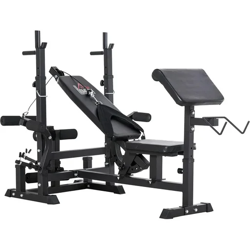 "Multifunctional training bench with barbell rack, black image"