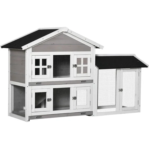 "Rabbit hutch with 2 levels, removable floor tray, grey + black + white, 150 x 55 x 91 cm image"