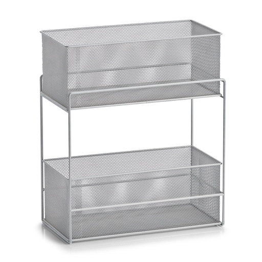 "Tiered shelf with 2 baskets, mesh image"