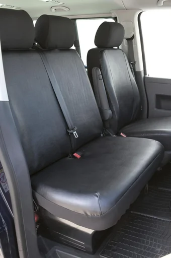 "Fitted seat covers for VW T5 double bench rear made of artificial leather suitable from model year 04/2003 to 06/2015 image"