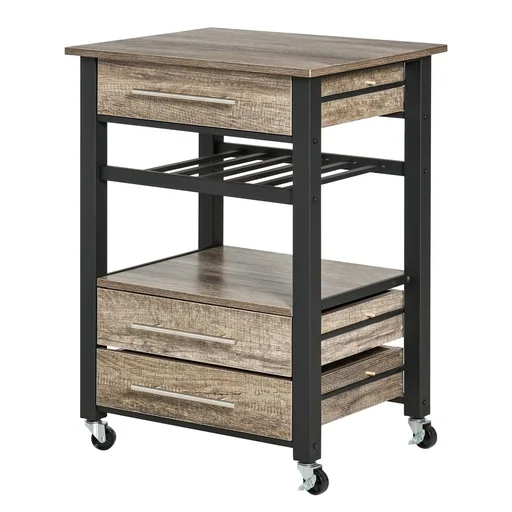 "Kitchen trolley, kitchen trolley, serving trolley with drawer, chipboard, metal, grey oak, 60 x 50 x 84.5 cm image"