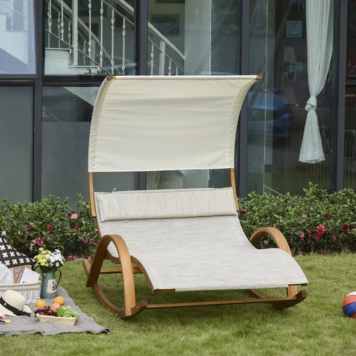 "Double lounger, sun lounger, rocking lounger, relaxation lounger with roof, pine grey + white 190 x 135 x 185 cm image"