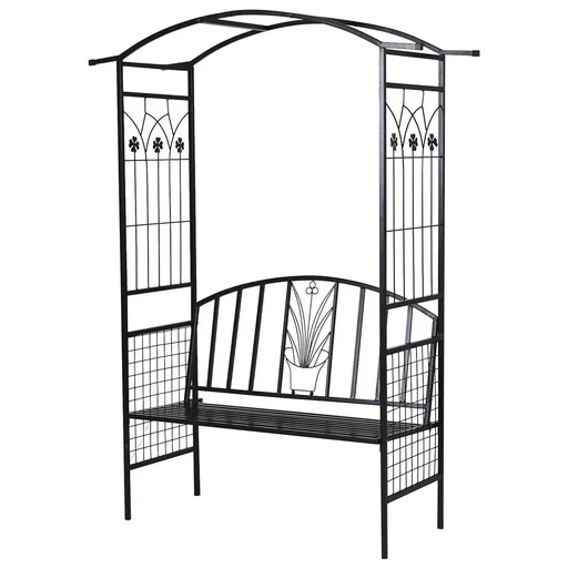"Planting arch with bench, bench, archway, trellis, garden arched roof, metal, black, 152 x 58 x 207 cm image"