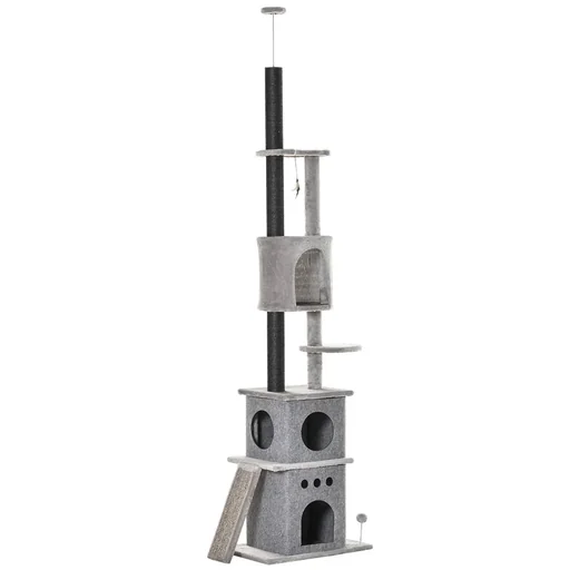 "Scratching post cat tree ceiling height climbing tree with cat toy sisal plush light grey height adjustable 60 x 40 x 225-255 image"