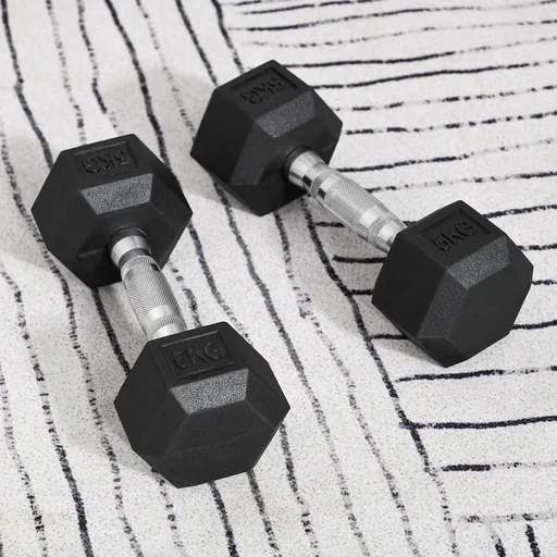 "Set of 2 rubber dumbbells, fitness dumbbells, dumbbells for the training room or office, hexagonal shape, metal, rubber, black, 5 kg image"