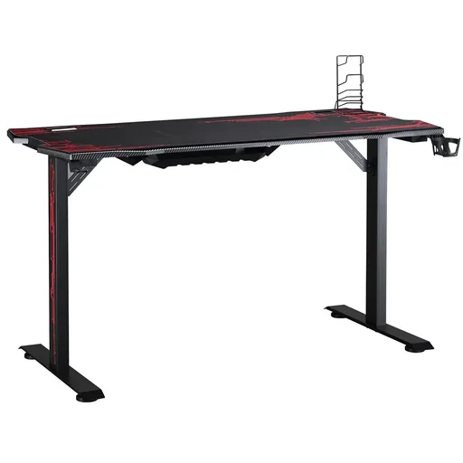 "Gaming Table Desk with Headphone Hook Cup Holder Computer Table MDF Metal Black+Red 140 x 70 x 77 cm image"