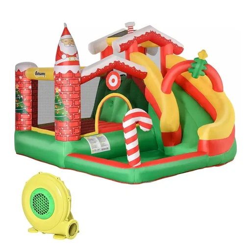 "Christmas Inflatable Bouncy Castle for 3 Children with Blower for 3-8 Years Red+Green+White 290 x 280 x 220 cm image"