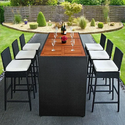 "Polyrattan bar set 13 pcs. - table top acacia wood - incl. chair cover image"