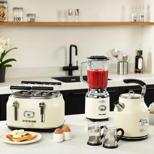 "SET of 3 - Retro Mixer + Kettle 1.7 Liter + Toaster - White image"