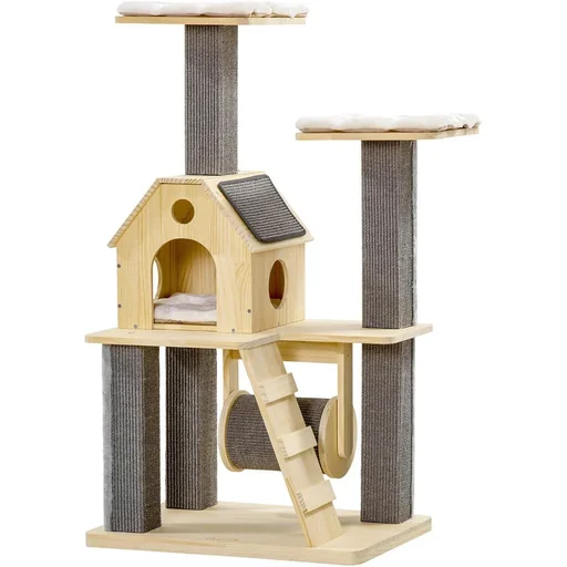 "Play platform for cats - with house and ladder - wood/grey - 70 x 50 x 125 cm image"