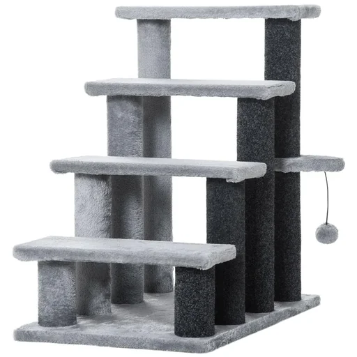 "Pet stairs with scratching post ball 4-step cat stairs dog stairs animal stairs chipboard plush jute grey 60 x 40 x 64 image"